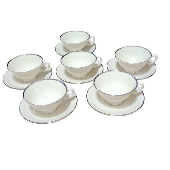 Lenox Montclair Cup and Saucer 6 Sets 12 Pieces China Platinum Ivory Dishes